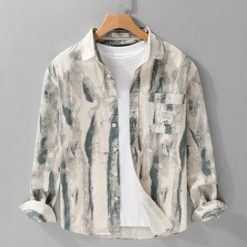 Herren Lockeres Hemdjacken-Overshirt aus Leinen-Baumwollmix mit abstraktem Brush‑Print und Kentkragen Nord Taschen