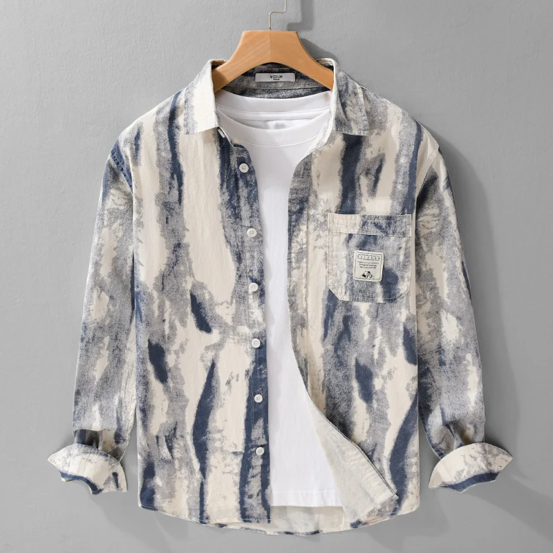 Herren Lockeres Hemdjacken-Overshirt aus Leinen-Baumwollmix mit abstraktem Brush‑Print und Kentkragen Nord Taschen