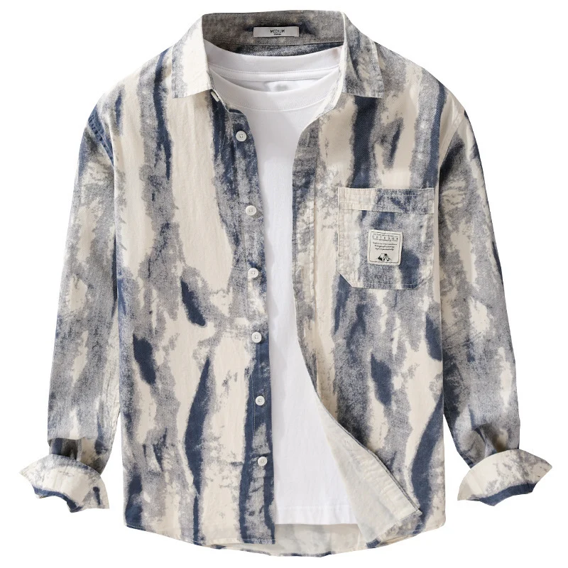 Herren Lockeres Hemdjacken-Overshirt aus Leinen-Baumwollmix mit abstraktem Brush‑Print und Kentkragen Nord Taschen