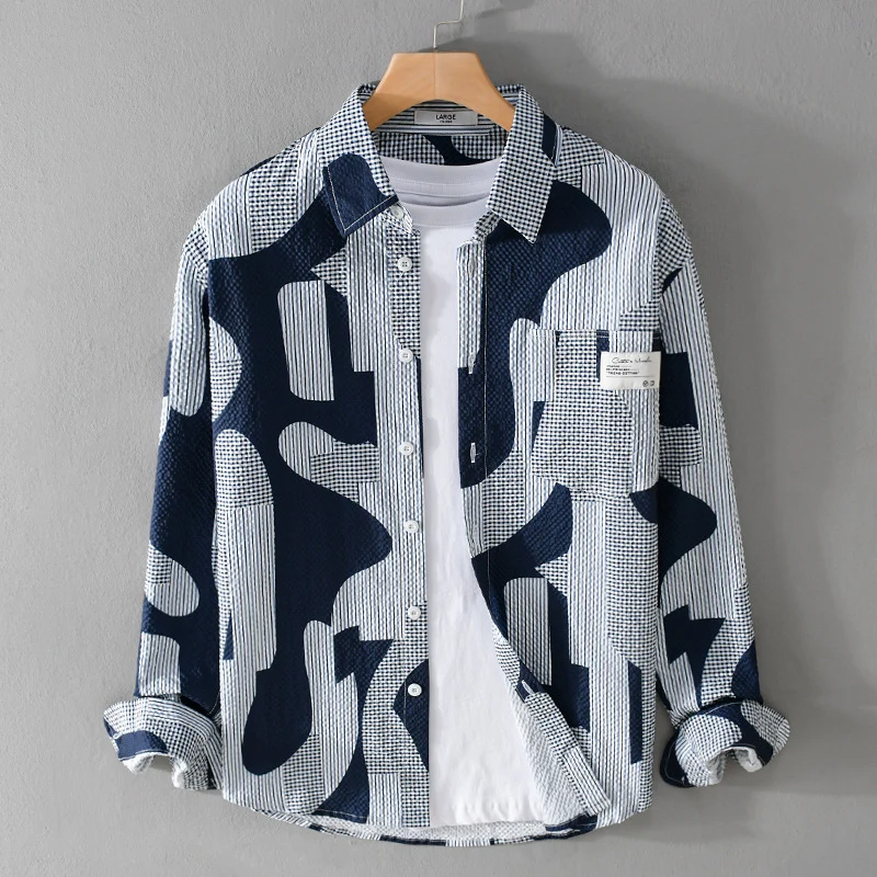 Herren Lockeres gemustertes Baumwoll-Overshirt mit Crinkle‑Struktur Nord Taschen