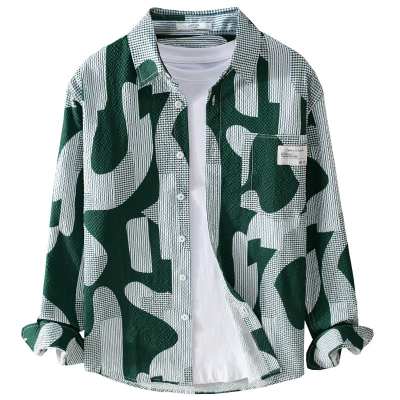Herren Lockeres gemustertes Baumwoll-Overshirt mit Crinkle‑Struktur Nord Taschen