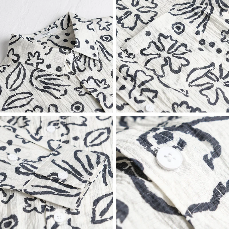 Herren Lockeres Crinkle-Hemd mit handgezeichnetem Blumenprint und Brusttasche Nord Taschen