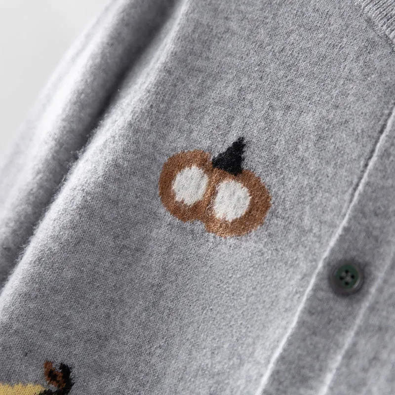 Damen Strickjacke mit Intarsia-Kürbismotiven, Rundhalsausschnitt und Knopfleiste Nord Taschen