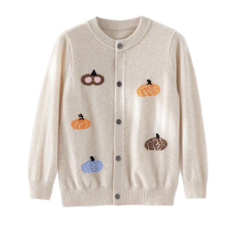 Damen Strickjacke mit Intarsia-Kürbismotiven, Rundhalsausschnitt und Knopfleiste Nord Taschen