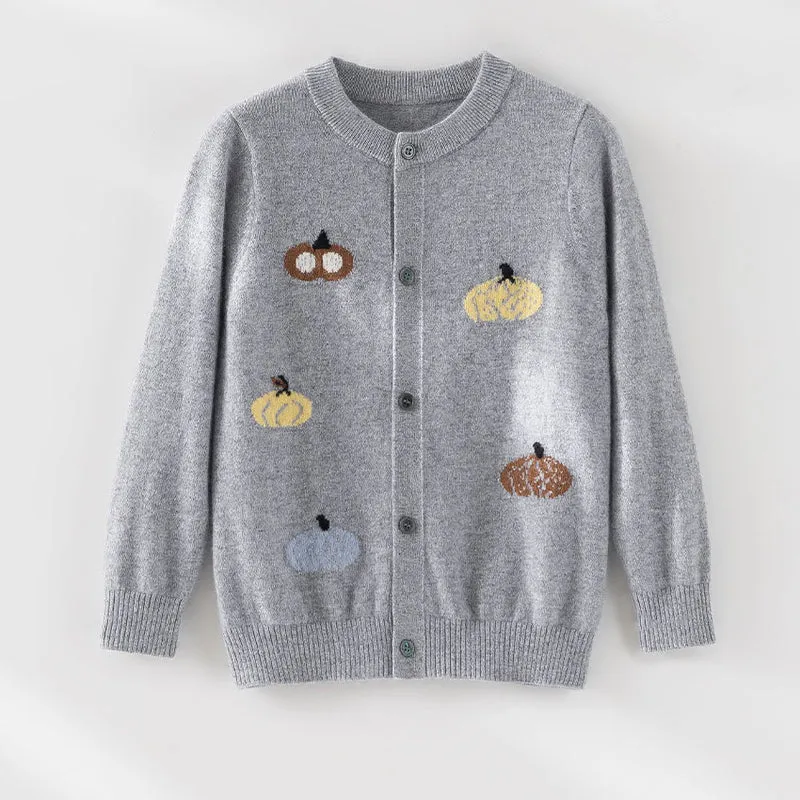 Damen Strickjacke mit Intarsia-Kürbismotiven, Rundhalsausschnitt und Knopfleiste Nord Taschen