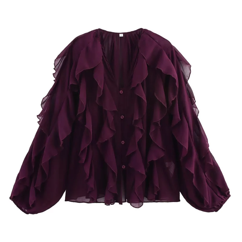 Damen Volant‑Chiffonbluse mit Lagen‑Rüschen und weiten Ballonärmeln Nord Taschen