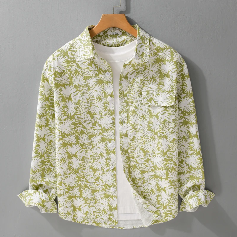 Damen Leichtes Blumenprint-Overshirt aus Leinen-Baumwollmix mit Kentkragen und Brusttasche Nord Taschen