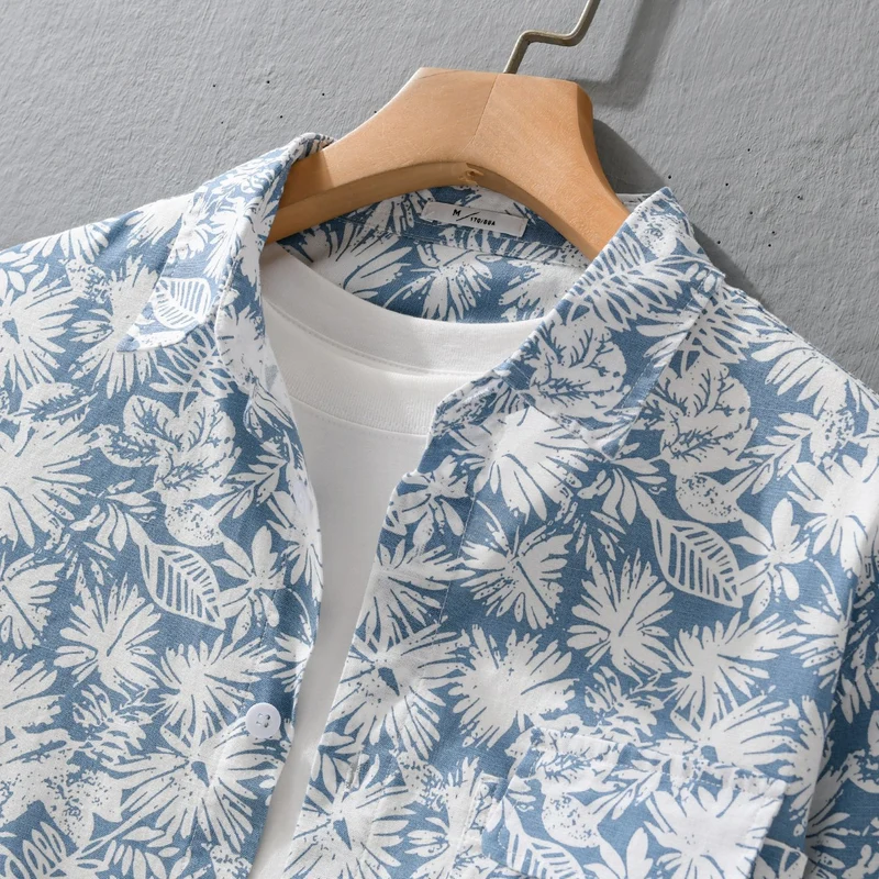 Damen Leichtes Blumenprint-Overshirt aus Leinen-Baumwollmix mit Kentkragen und Brusttasche Nord Taschen