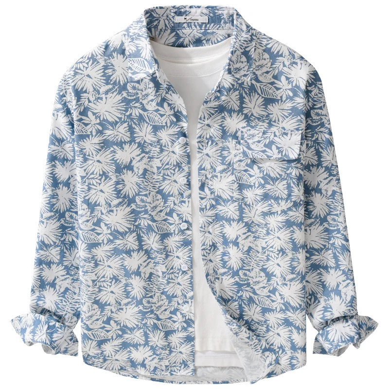 Damen Leichtes Blumenprint-Overshirt aus Leinen-Baumwollmix mit Kentkragen und Brusttasche Nord Taschen
