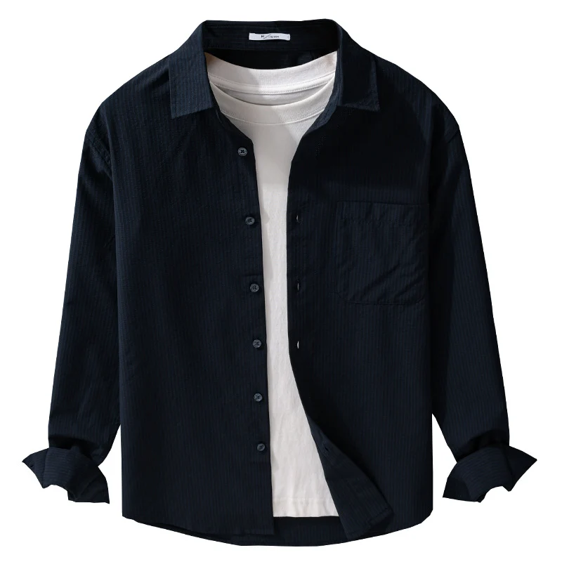 Herren Struktur-Overshirt aus atmungsaktivem Baumwollmix mit feinem Streifenrelief und Brusttasche Nord Taschen