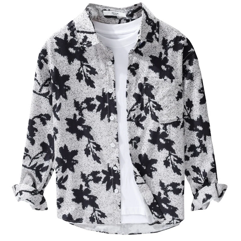 Herren Lockeres Baumwoll-Layering-Overshirt mit painterly Blumenallover und Brusttasche Nord Taschen