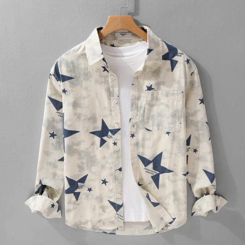 Herren Lockeres Baumwoll-Blend Overshirt mit Stern-Print und Brusttasche Nord Taschen