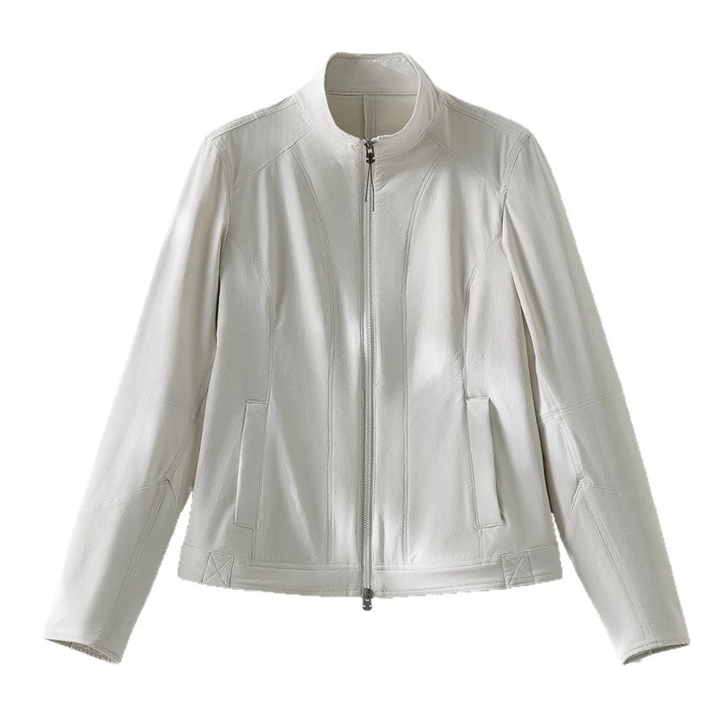 Damen schlichte taillierte Lederjacke mit Stehkragen und Zwei-Wege-Reißverschluss Nord Taschen