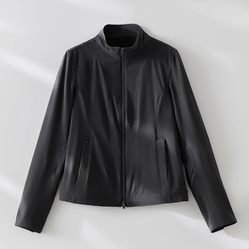 Damen schlichte taillierte Lederjacke mit Stehkragen und Zwei-Wege-Reißverschluss Nord Taschen