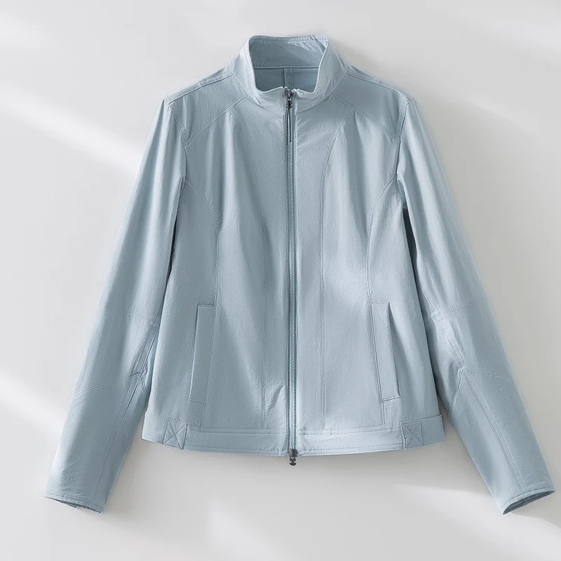 Damen schlichte taillierte Lederjacke mit Stehkragen und Zwei-Wege-Reißverschluss Nord Taschen