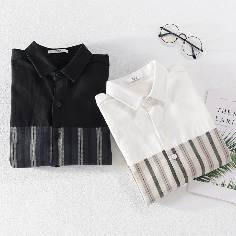 Herren Leichtes Baumwoll-Overshirt mit eingewebten Streifenpanelen und Kentkragen Nord Taschen
