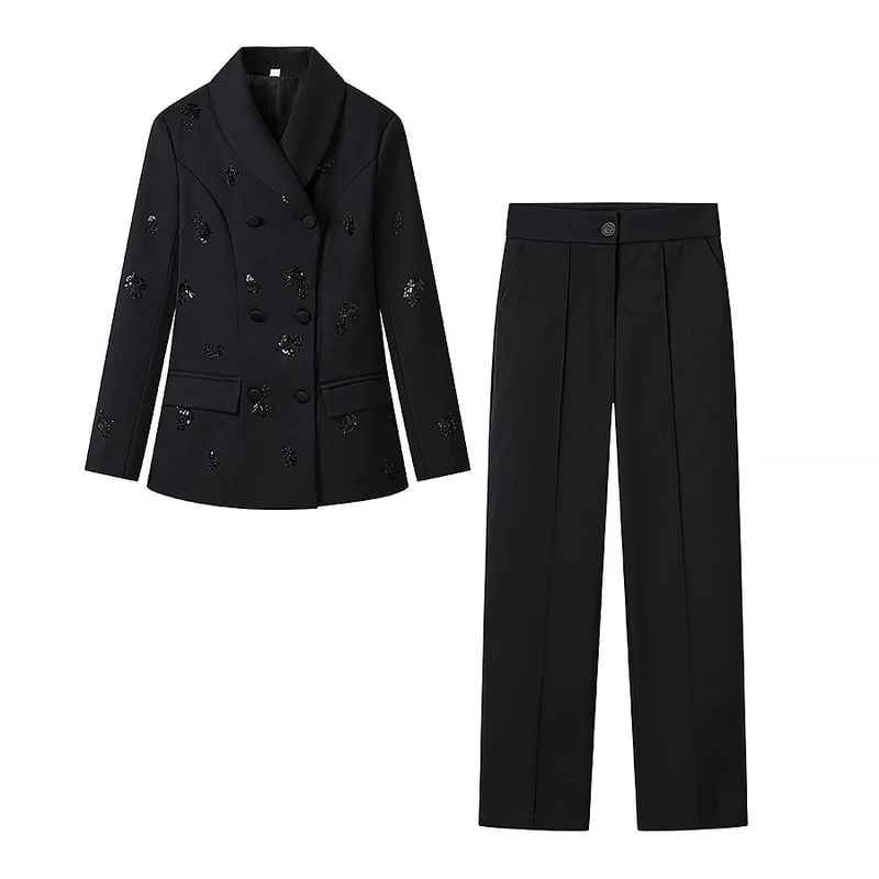 Damen Tailliertes Blazer-Set mit Schößchen und weitem Marlene-Hosenanzug Nord Taschen