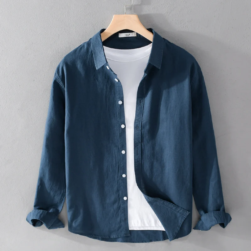 Herren Leinenmix-Layering-Overshirt mit Kentkragen, gerundetem Saum und Soft‑Touch Nord Taschen