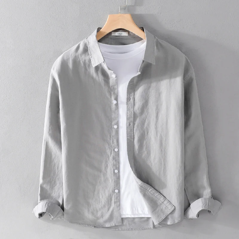 Herren Leinenmix-Layering-Overshirt mit Kentkragen, gerundetem Saum und Soft‑Touch Nord Taschen