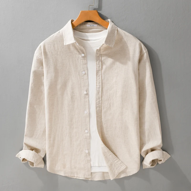 Herren Leinenmix-Layering-Overshirt mit Kentkragen, gerundetem Saum und Soft‑Touch Nord Taschen