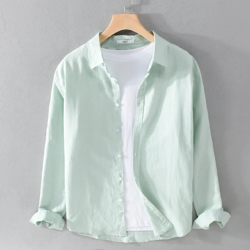 Herren Leinenmix-Layering-Overshirt mit Kentkragen, gerundetem Saum und Soft‑Touch Nord Taschen
