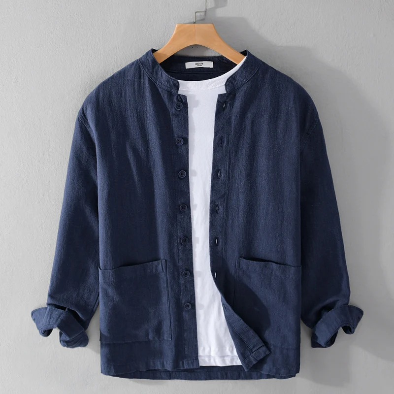 Herren Leinenjacke mit Stehkragen und aufgesetzten Taschen Nord Taschen