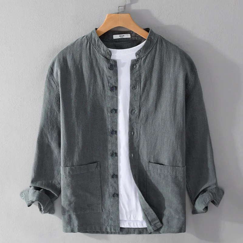 Herren Leinenjacke mit Stehkragen und aufgesetzten Taschen Nord Taschen