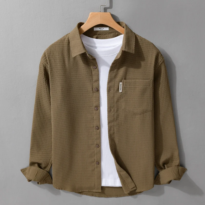Herren Leichtes Waffelstruktur-Hemd aus Baumwollmix mit Overshirt-Schnitt und Brusttasche Nord Taschen