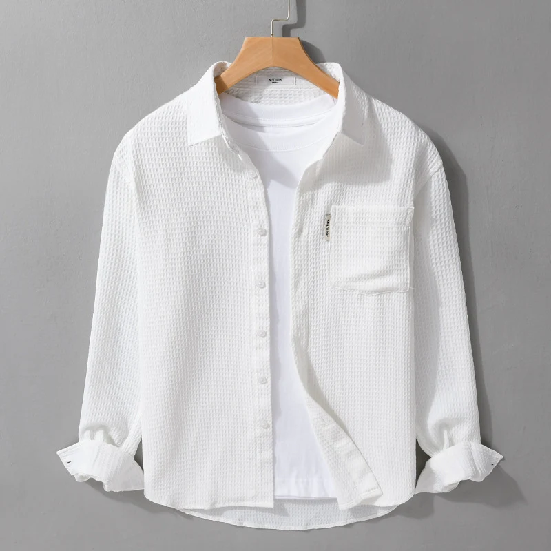 Herren Leichtes Waffelstruktur-Hemd aus Baumwollmix mit Overshirt-Schnitt und Brusttasche Nord Taschen