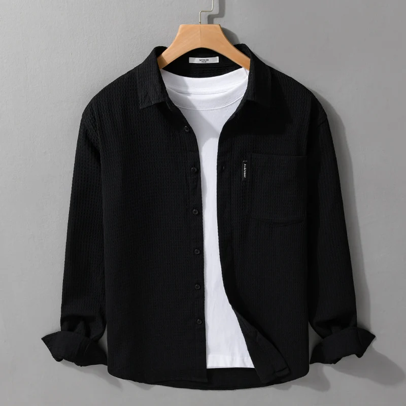 Herren Leichtes Waffelstruktur-Hemd aus Baumwollmix mit Overshirt-Schnitt und Brusttasche Nord Taschen