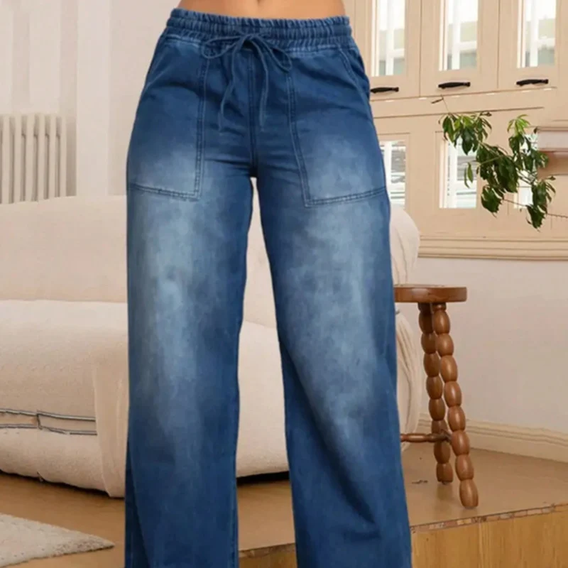 Damen Weite High-Waist-Jeans mit elastischem Bund und Kordelzug Nord Taschen