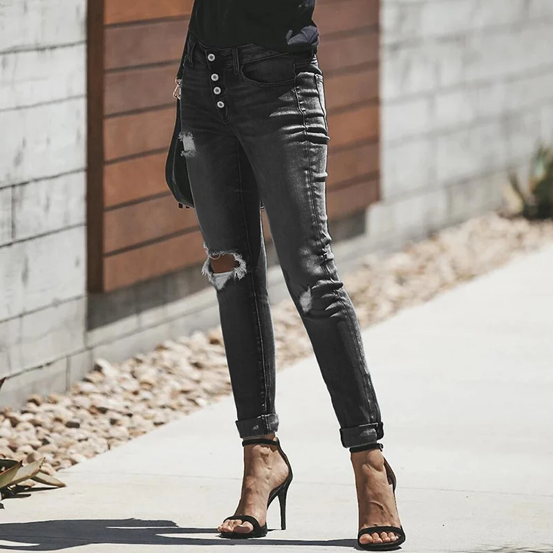 Damen Skinny-Jeans mit hoher Knopfleiste und lässigem Ripped-Used-Look Nord Taschen