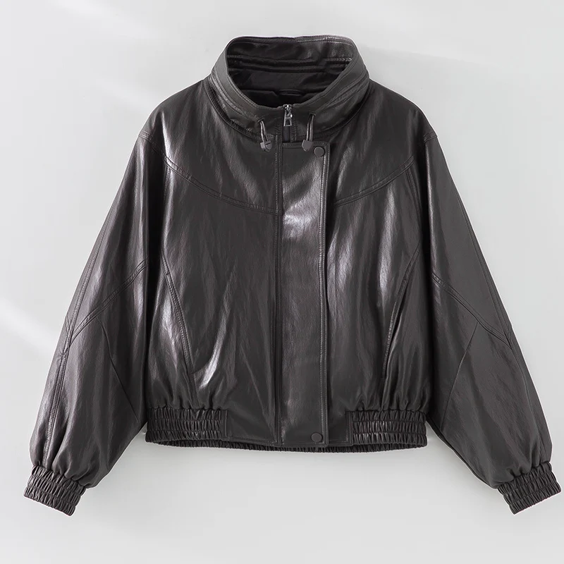 Damen Oversized Lederimitat-Bomberjacke mit Stehkragen und elastischem Saum Nord Taschen