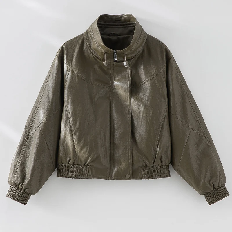 Damen Oversized Lederimitat-Bomberjacke mit Stehkragen und elastischem Saum Nord Taschen