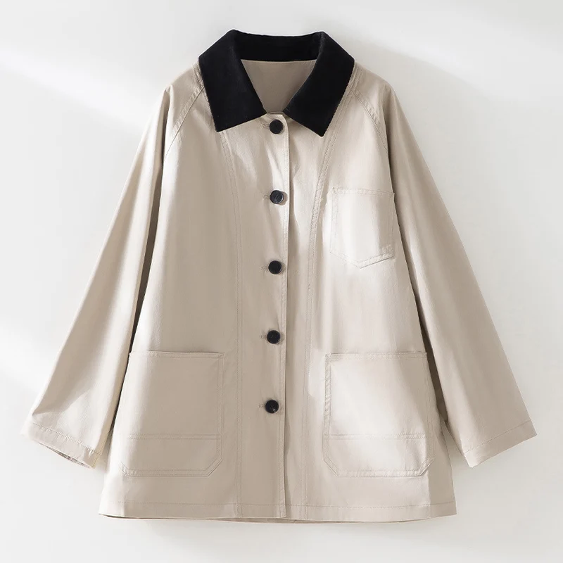 Damen Oversized Baumwoll-Utility-Jacke mit Kontrastkragen und aufgesetzten Taschen Nord Taschen