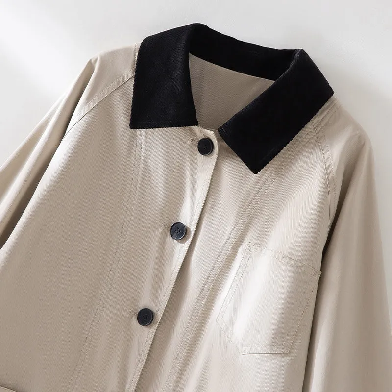 Damen Oversized Baumwoll-Utility-Jacke mit Kontrastkragen und aufgesetzten Taschen Nord Taschen