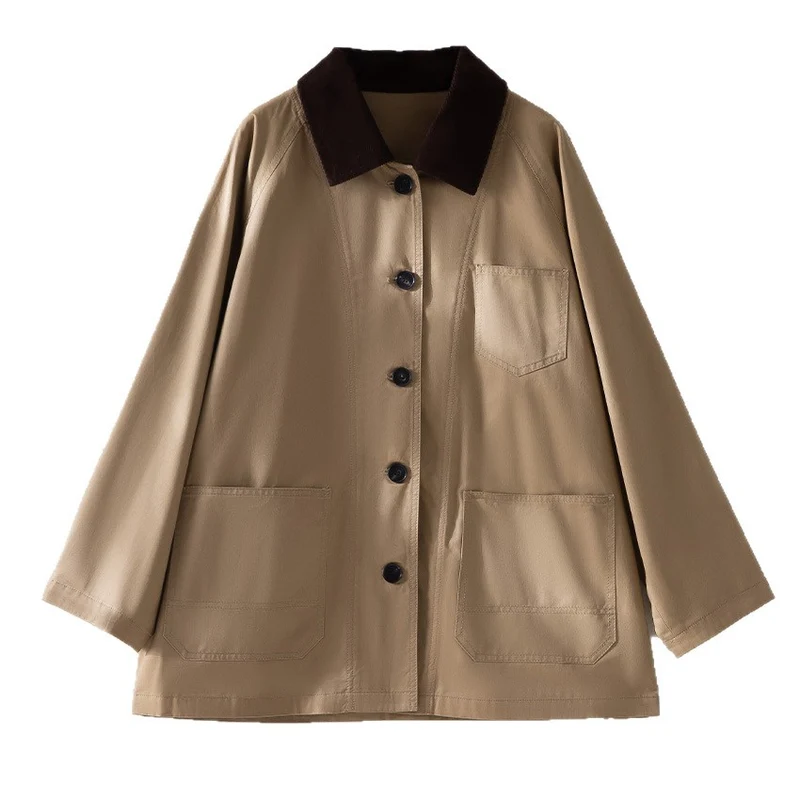 Damen Oversized Baumwoll-Utility-Jacke mit Kontrastkragen und aufgesetzten Taschen Nord Taschen
