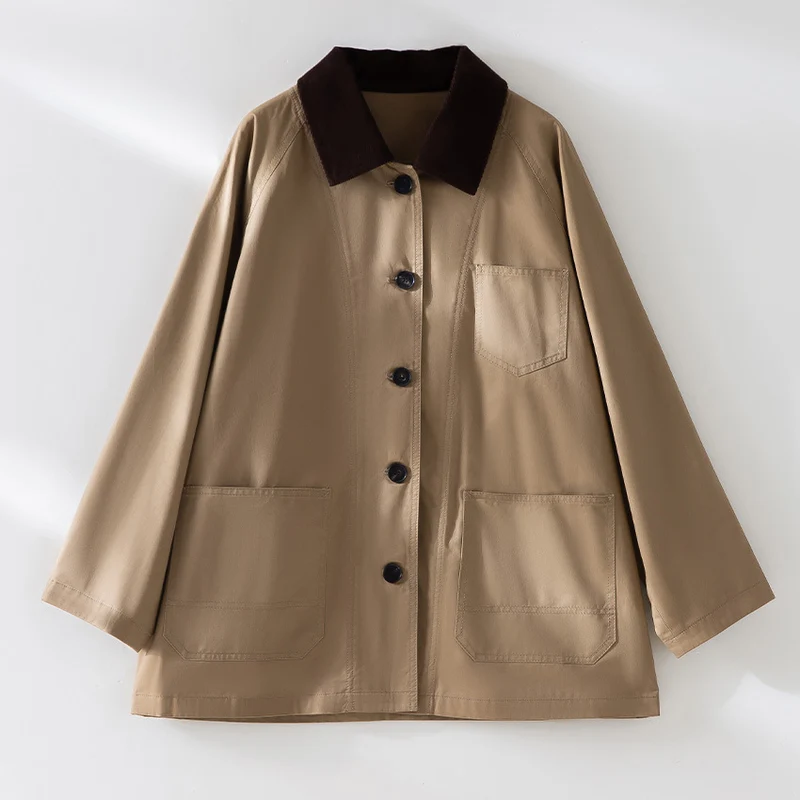 Damen Oversized Baumwoll-Utility-Jacke mit Kontrastkragen und aufgesetzten Taschen Nord Taschen