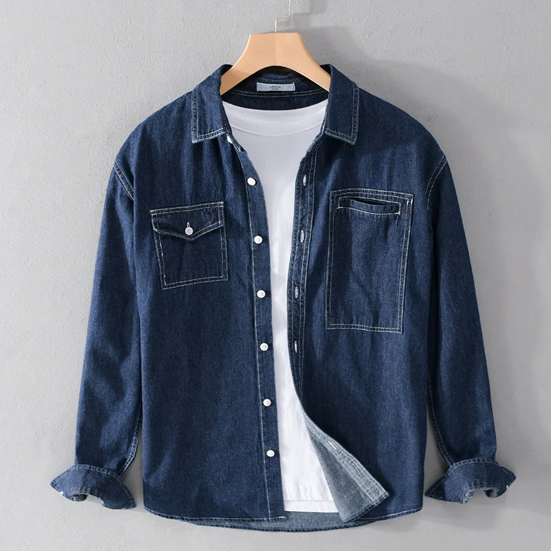 Herren Jeans-Overshirt im Worker-Stil mit doppelten Brusttaschen und kontrastierenden Ziernähten Nord Taschen