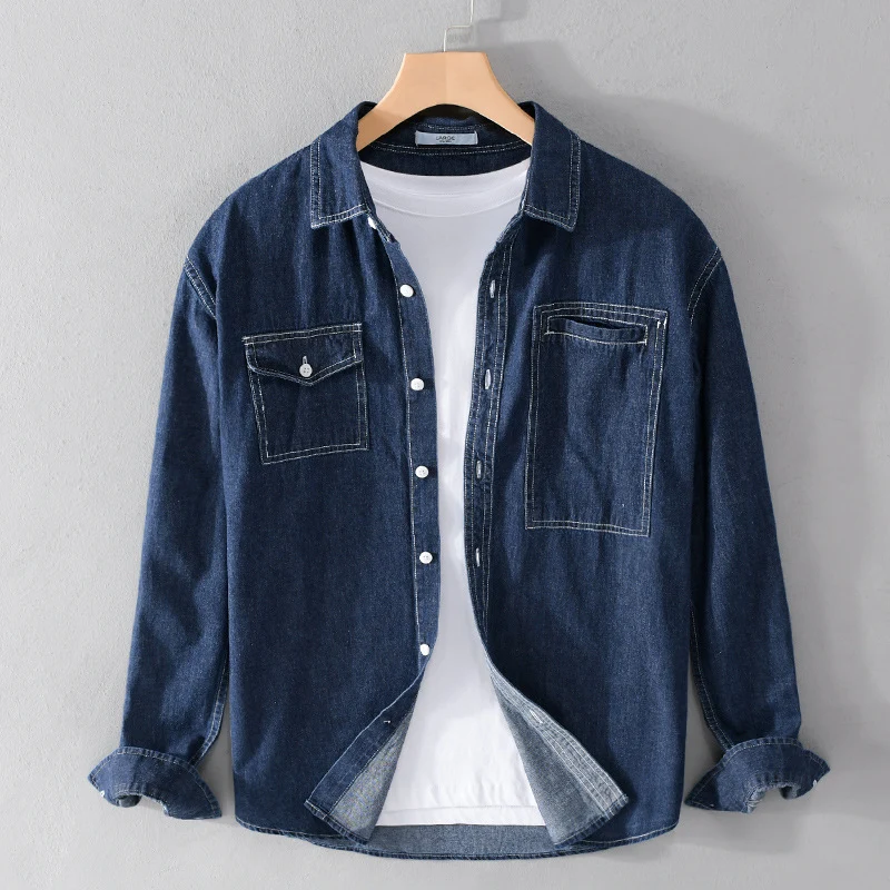 Herren Jeans-Overshirt im Worker-Stil mit doppelten Brusttaschen und kontrastierenden Ziernähten Nord Taschen