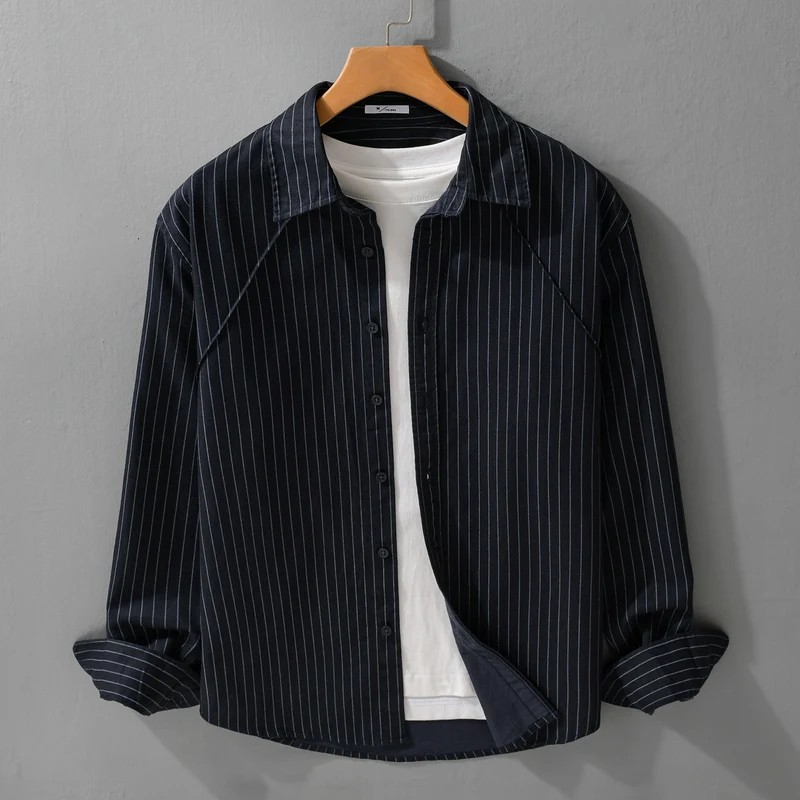 Herren Leichtes Streifen‑Overshirt mit Kentkragen und Raglanärmeln Nord Taschen
