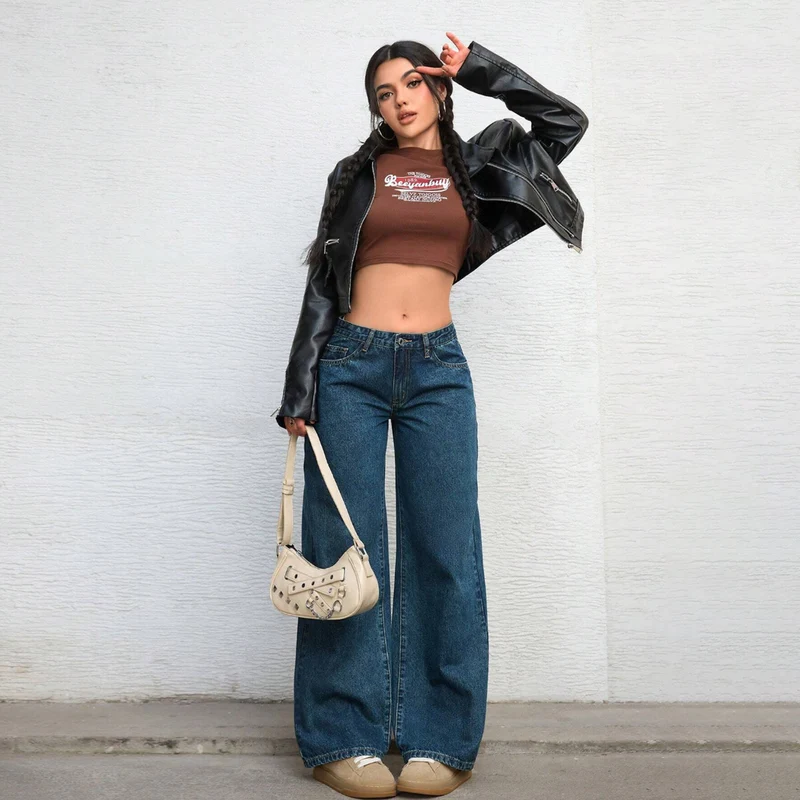 Damen Hochtaillierte weite Vintage-Denim Hose Nord Taschen
