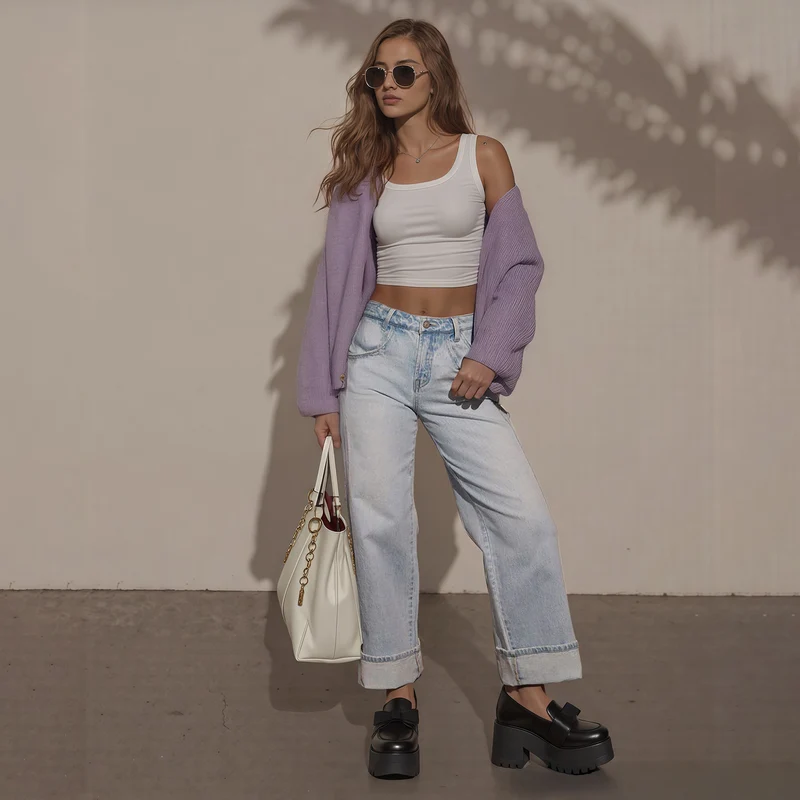 Damen Hochtaillierte weite Jeans mit extra breitem Umschlag Nord Taschen