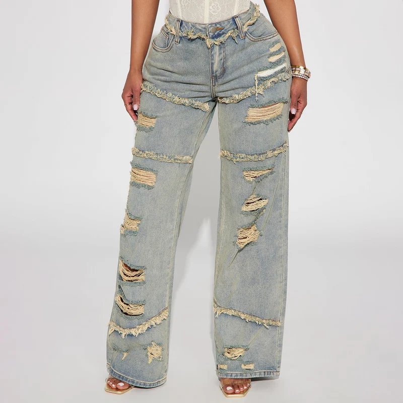 Damen Hochtaillierte Oversize-Jeans mit weitem Bein und ausgefransten Rissen Nord Taschen