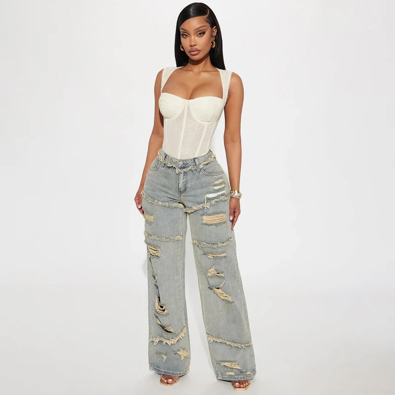 Damen Hochtaillierte Oversize-Jeans mit weitem Bein und ausgefransten Rissen Nord Taschen