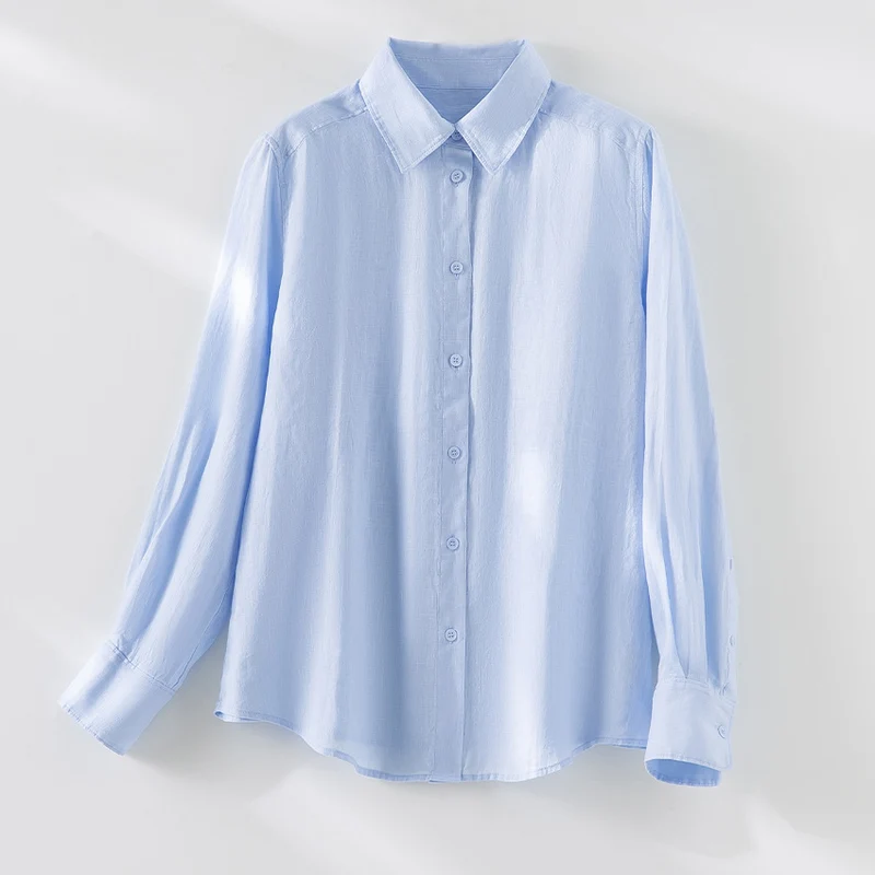 Damen Locker fallende Leinenmix-Bluse mit Hemdkragen und Manschetten Nord Taschen