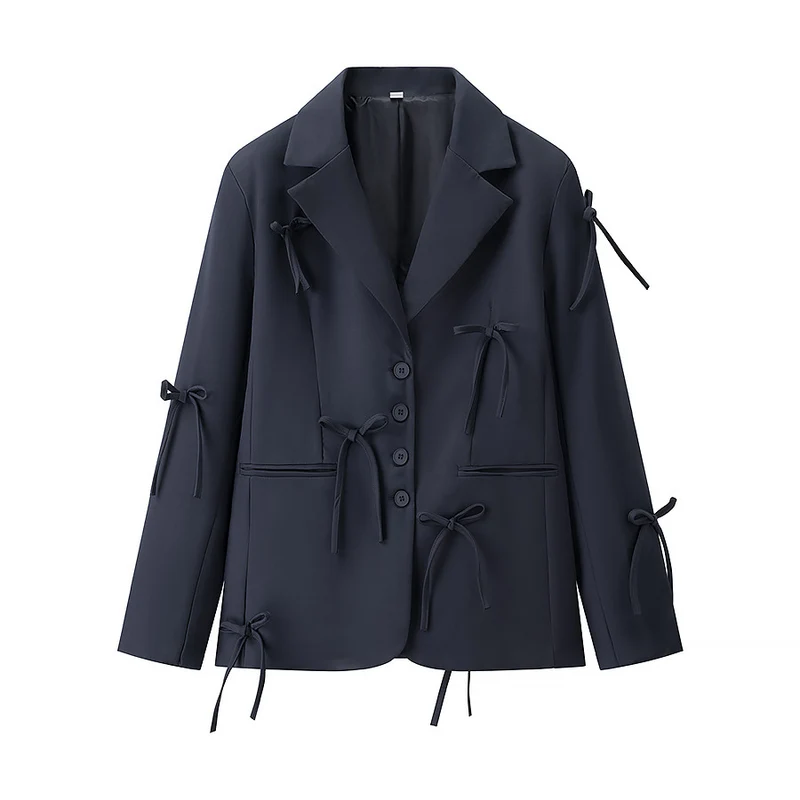 Damen Taillierter Blazer mit dekorativen Schleifen und abgestimmtem Minirock-Set Nord Taschen