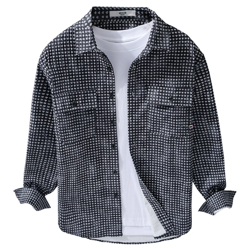 Herren Hemdjacke-Overshirt aus Baumwollmix mit Miniherz-Alloverprint und Brusttaschen Nord Taschen