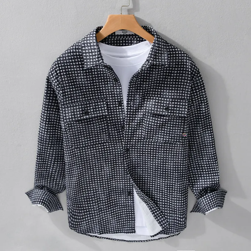 Herren Hemdjacke-Overshirt aus Baumwollmix mit Miniherz-Alloverprint und Brusttaschen Nord Taschen