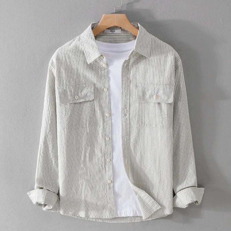 Herren Leichtes Overshirt im Nadelstreifen-Look aus Leinen‑Baumwollmix mit aufgesetzten Brusttaschen Nord Taschen